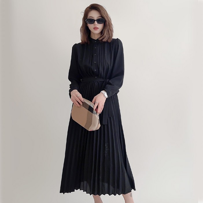 더시럽 여성용 쉬폰 플리츠 롱 원피스