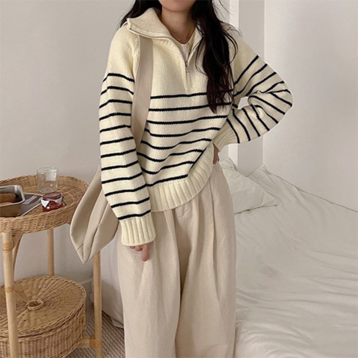 패션플로우 여성용 코지웨이브 스트라이프 반집업 니트