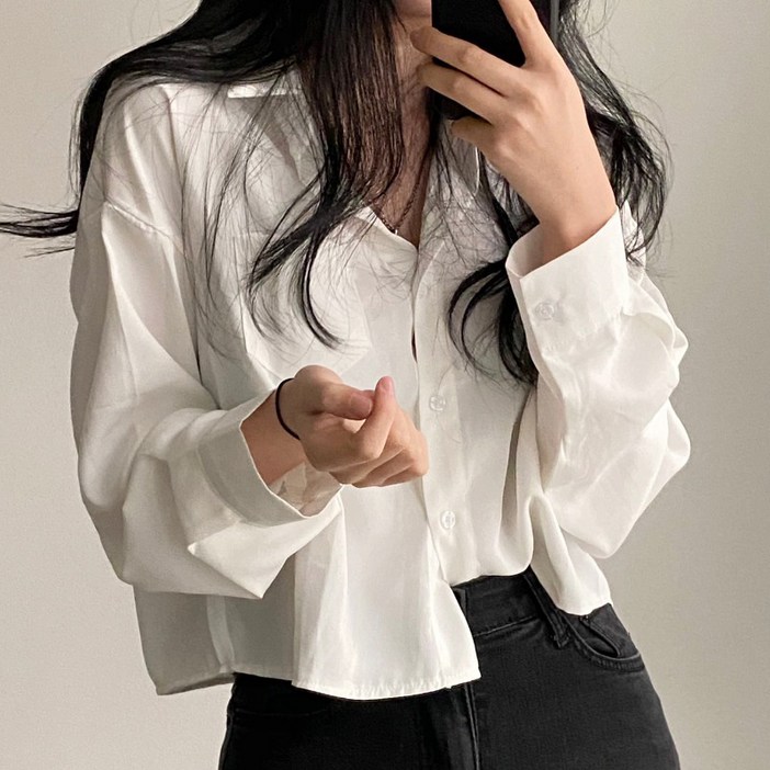 아이엠몽 여성용 마토미 크롭 스타일 심플 무지 데일리 셔츠