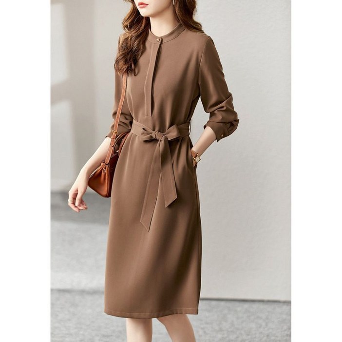 나이스 긴팔 원피스 하객룩 여성 벨드 미디원피스 오피스룩 고급 롱원피스 여성 가을 겨울 신스타일 바텀 중간 길이 스커트