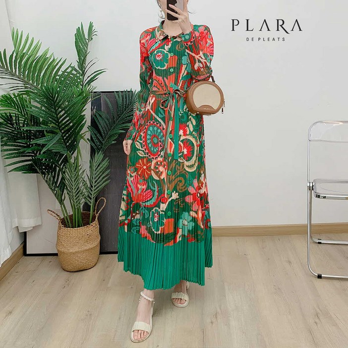플라라 88까지 플리츠비비드롱배색원피스벨트SET