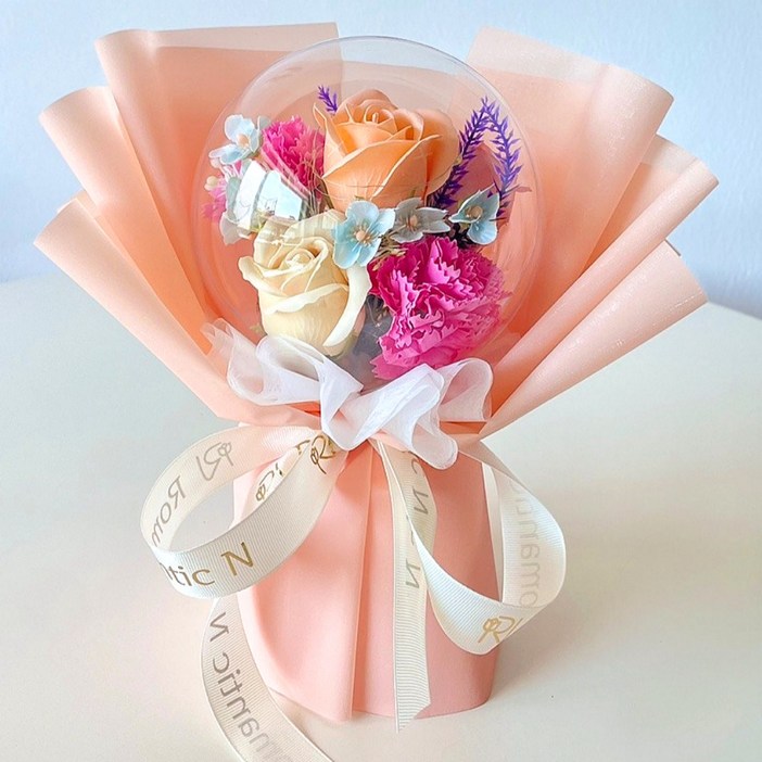 로맨틱앤 풍선꽃다발 카네이션 장미 꽃다발 LED 아크릴 꽃풍선 화환, 피치믹스일반형꽃다발, 1개