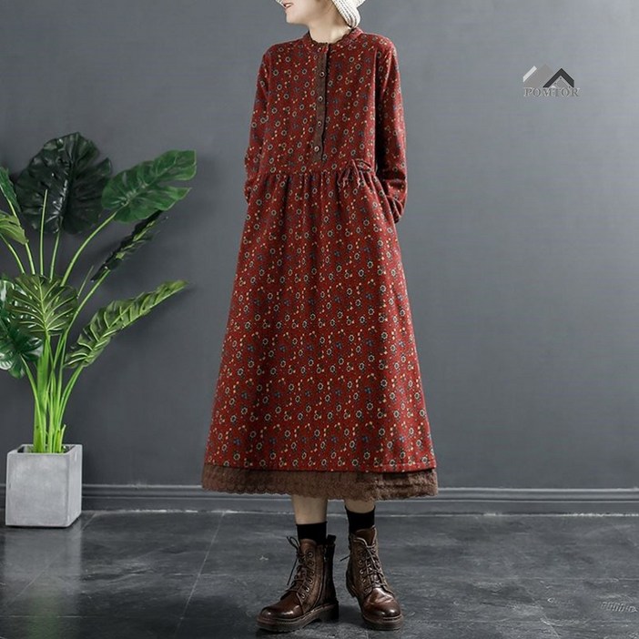 POMTOR 여성 빈티지 플라워 셔링 롱 원피스  면 레이스 루즈 A 라인 긴팔 빅사이즈 원피스