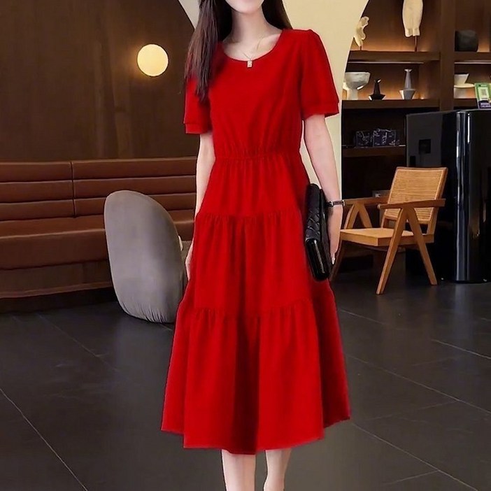 ORZQU 여름 여성 캐주얼 솔리드 라운드넥 반팔 튜닉 캉캉스커트 미디 A라인 원피스