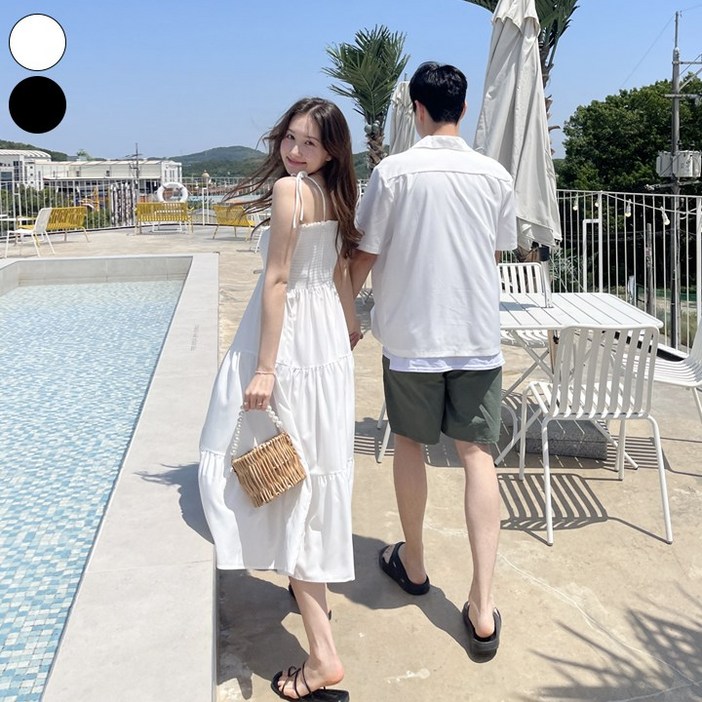 바비팩토리 여성용 끈 나시 원피스 반팔셔츠 커플룩 시밀러룩 휴양지 여름 롱원피스 셔츠세트 남녀개별구매