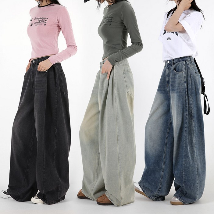 오버나인 여자 여성 와이드핏 벌룬 데님 워싱 핀턱 팬츠 청바지