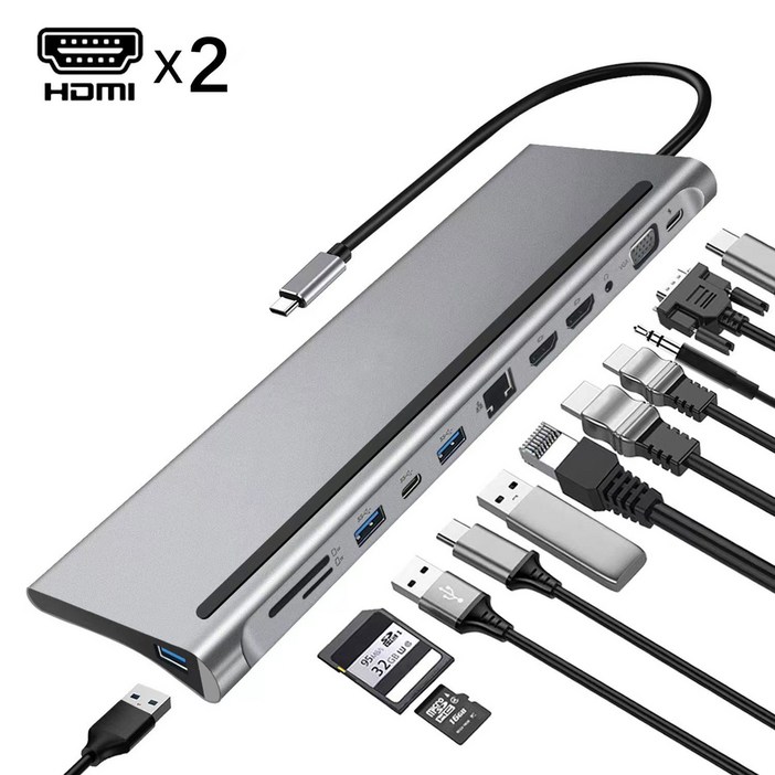 12 in1 USB C 허브 듀얼 HDMI 4K 유형 C 도킹 스테이션 RJ45 PD 100W 어댑터 VGA 100Mbps 기가비트 이더넷 USB 3.0 허브