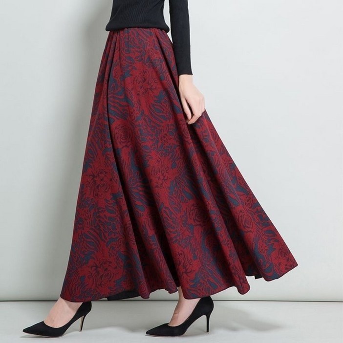 Vezri 여성 사계절 포켓 하이웨이스트 플레어 롱 스커트   F88