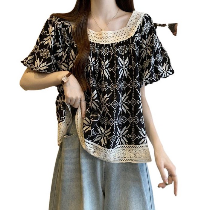 해피유통 여성 여름 보헤미안 스타일 레이스 트림 반팔 블라우스 민족풍 패턴 캐주얼 상의 lmy