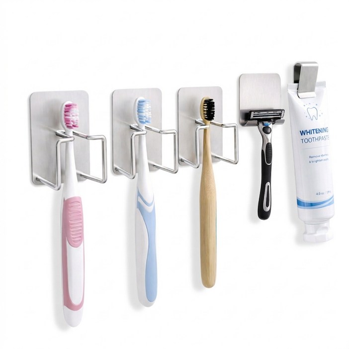 뉴하 물기차단 스텐 접착식 무타공 욕실 칫솔걸이 거치대 세트, 1세트, 실버