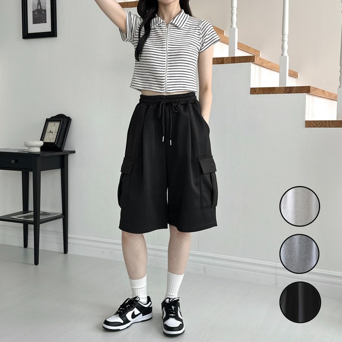 비래빗 여성 버뮤다 핀턱 와이드 카고 반바지