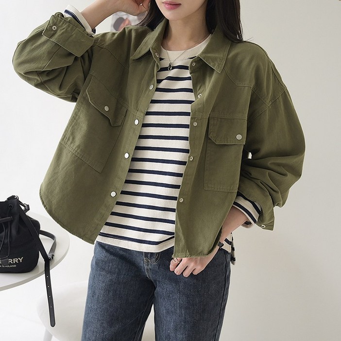 데일리앤 카센드 봄 가을 여성 무지 카라넥 버튼 세미크롭 코튼 자켓