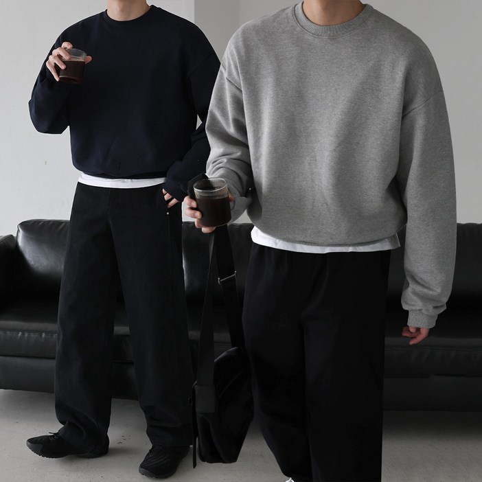 베이직바이블 남자 오버핏 핀터 세미 크롭 CP쭈리 맨투맨(5color)