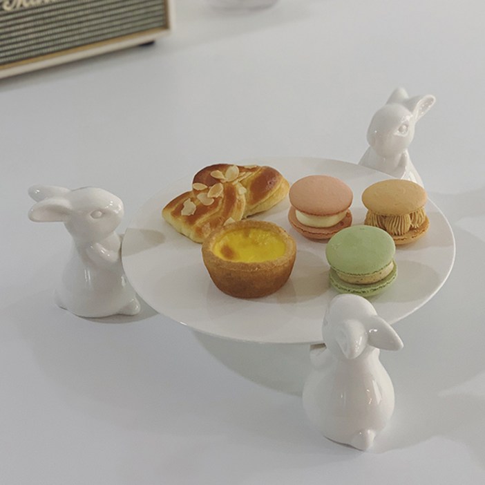 토끼 1단 플레이팅 케이크 스탠드 디저트 트레이 도자기 카페접시
