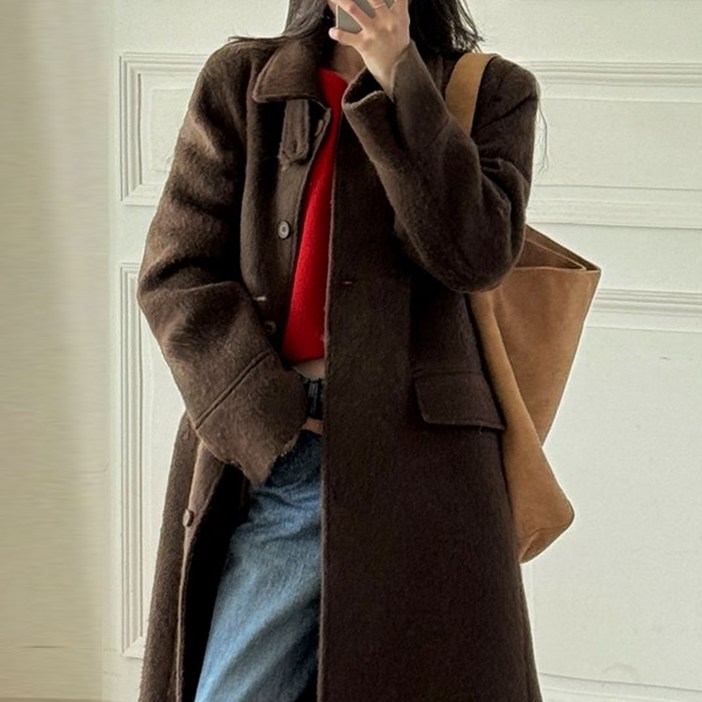 떳다그녀 울100% 포엘 브러쉬 겨울 하객룩 싱글버튼 카라 울코트 부클 롱코트