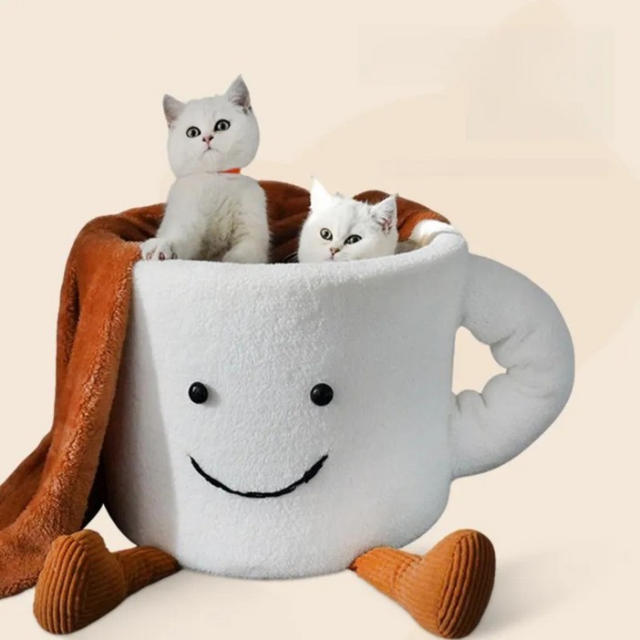 제너텍 캐릭터 커피잔 고양이 하우스 숨숨집 고양이집 쿠션숨숨집, 1개, 화이트