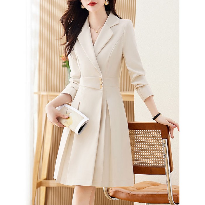 COSYEVNO 정장 원피스 패션 허리 조임 슬림핏 통근 비즈니스 여성 긴팔 A라인 미디스커트