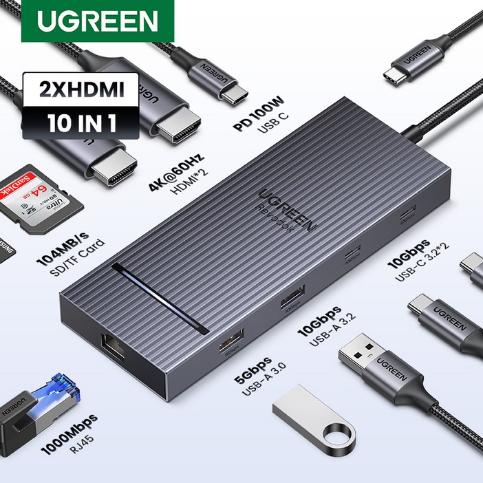 UGREEN 유그린 Revodok Pro 10 in 1  USB C 도킹 스테이션 듀얼 4K@60Hz 디스플레이 USB C 멀티허브 10Gbps PD100W USB C 허브