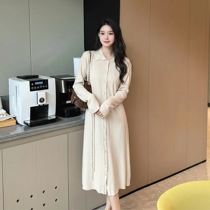 BuGeum 여성 가을 봄 니트 원피스 데일리룩 A라인 롱원피스