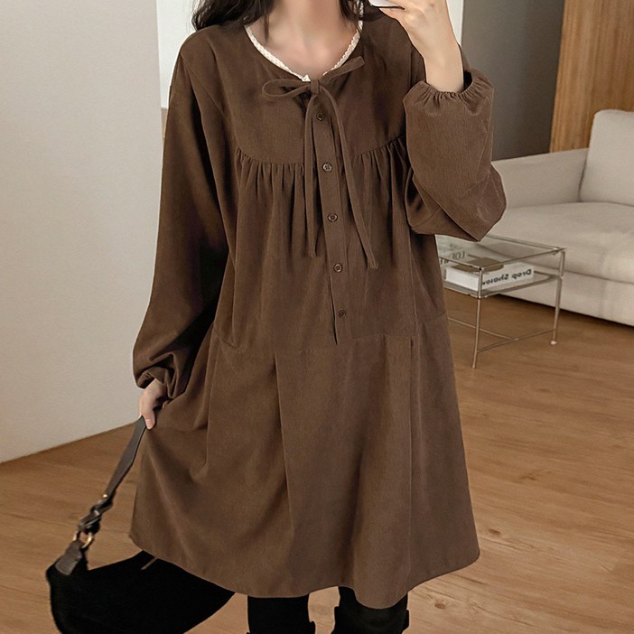 제작 엘로에 플리츠 코듀로이 미디 원피스 84516 빅사이즈 여성의류