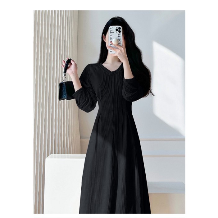 SunburstWonder 여성 추동 브이넥 긴팔 블랙 원피스 여밈 슬림핏 이너 미디스커트