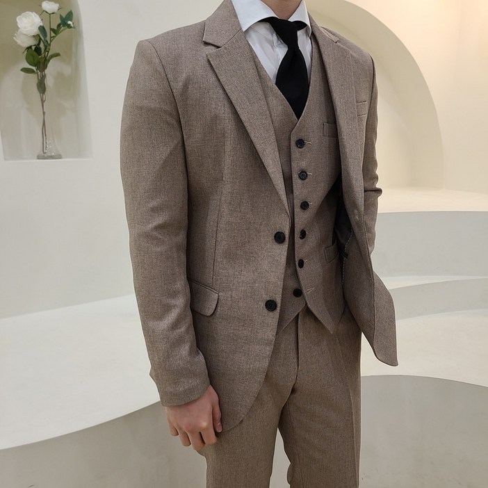 3피스 스판 남자정장 수트 조끼 세트 봄가을 면접 결혼식 하객룩 그레이 블랙