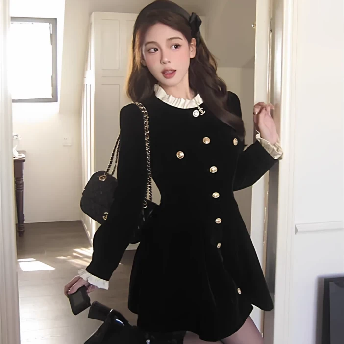 코듀로이 프릴 칼라 웨이스트 핏 A라인 미니 원피스