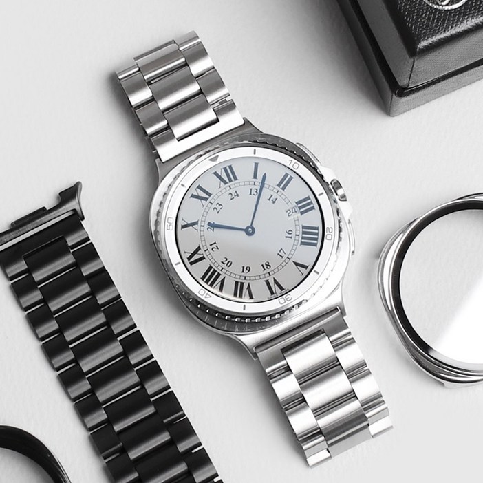 미소피아 갤럭시워치8 호환 메탈 스트랩 + 풀커버 강화유리 케이스 시계줄 밴드 날개형, 22mm 블랙세트