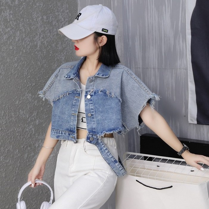 COSYEVNO 숏 반팔 데님 재킷 루즈핏 패션 캐주얼 여름 여성 코트