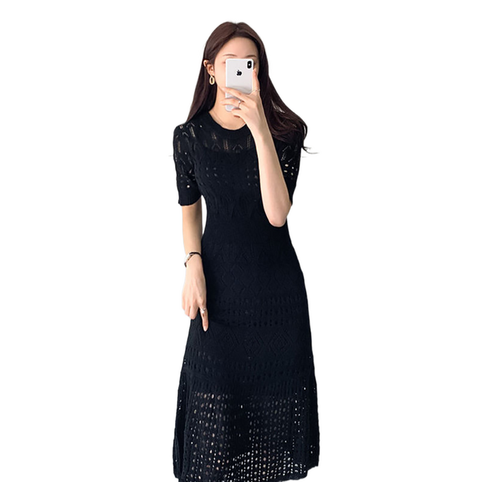 셀럽당 반팔 펀칭 니트 원피스 여 날씬해 보이는 패션 a 자 스커트O0408
