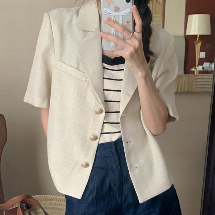 타니즈 아벤 테일러드 린넨 싱글 여름 반팔 자켓