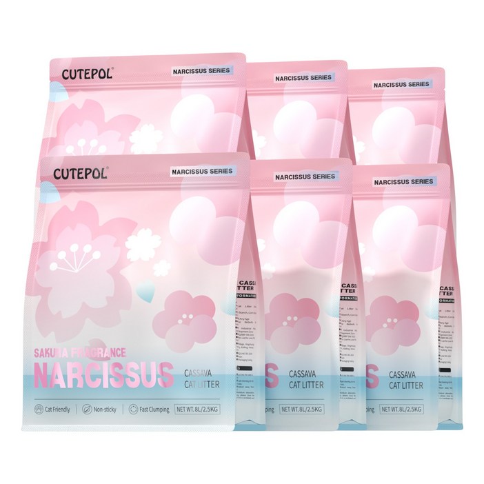 Cutepol 카사바모래 캣 리터 빠른 응집 강한 흡수력 무분진, 벚꽃 향, 6팩, 2.5kg