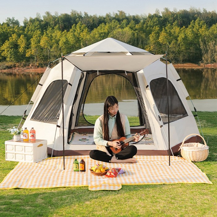 원터치형 실내 캠핑 야외 휴대용 육각형 텐트, 크림색