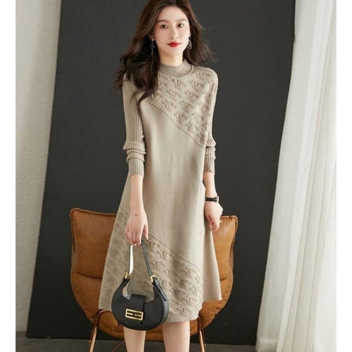 COSYEVNO 중년 엄마 긴팔 원피스 겨울 라운드 빅 사이즈 패션 심플 캐주얼 데일리 3040세 미디스커트 CXJmmlyq15