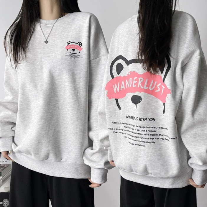 LR 기모 국산 오버핏 원더러스트 곰돌이 프린팅 맨투맨 티셔츠 빅사이즈 남녀공용