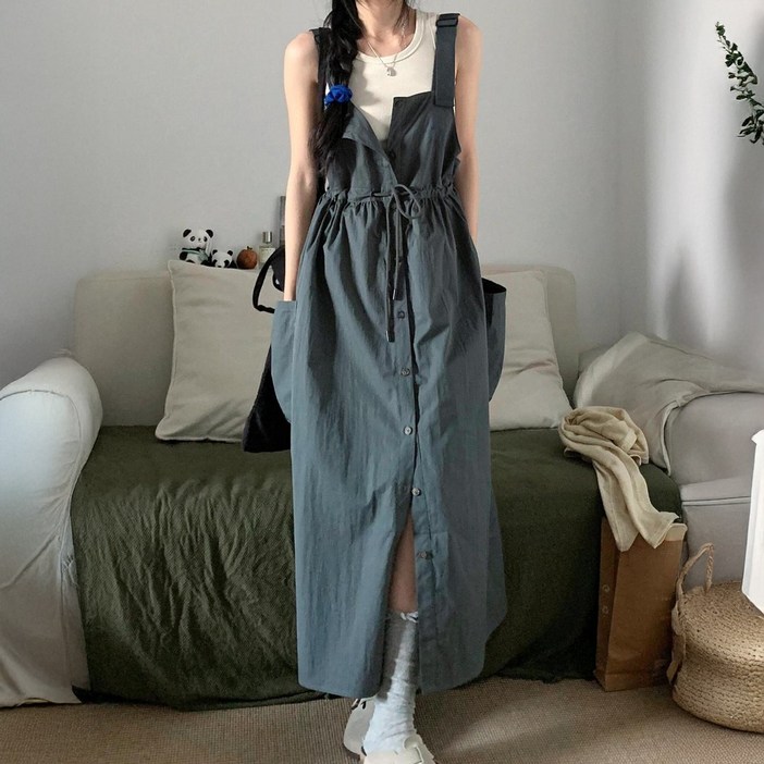 시그널 빈티지 포켓 카고 멜빵 루즈핏 원피스