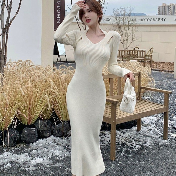besteffie 여성 니트원피스 빈티지 고급스러운 브이넥 홀터넥 슬림핏 랩 원피스 여성스러운 스타일 K39