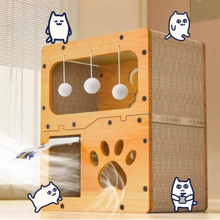 드리피 고양이 더블룸 숨숨집 2층 스크래쳐 하우스형, 1개, 혼합색상