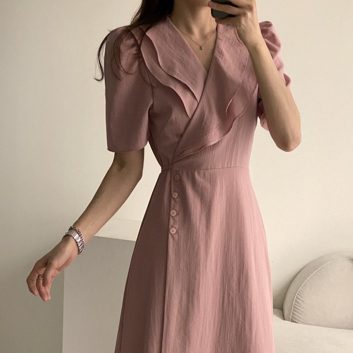 예쁨시전 우아한 웨이브셔링 퍼프 반팔 사이드 랩 롱 원피스