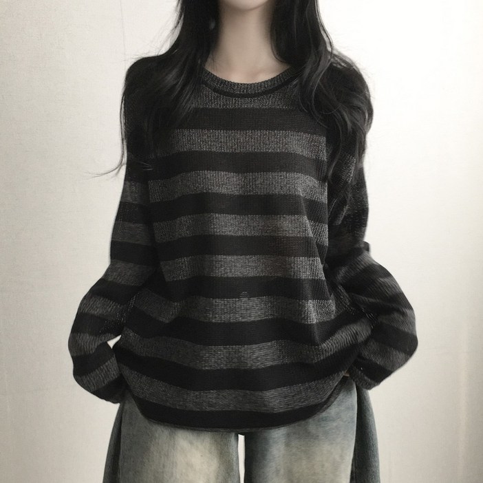 와플단가라 라운드 스트라이프 라운드 박스핏 긴소매 니트