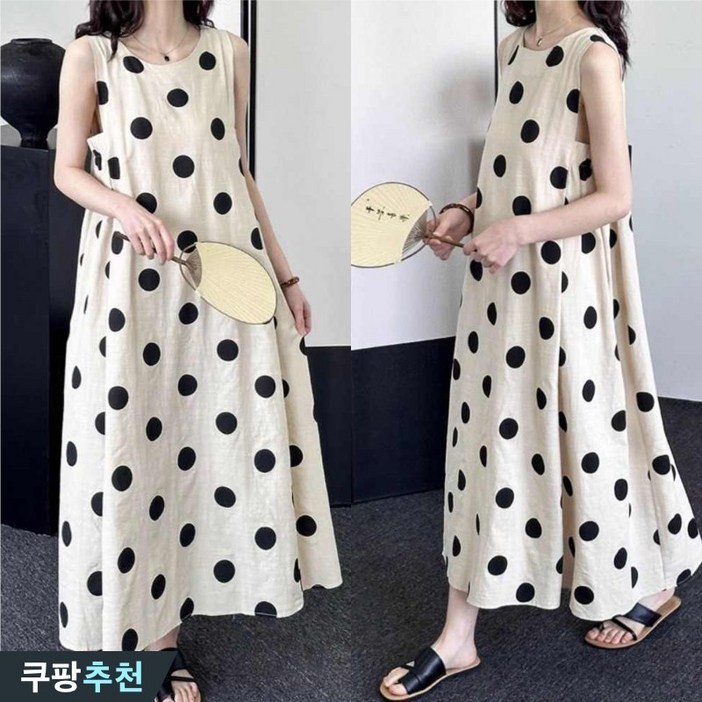 대박난 빅사이즈 여성 면마 도트 민소매 맥시 우아한 원피스 여름 편한 핏 예쁜 매력 캐쥬얼 프린트 날씬해보이는 로맨틱 시원한 해변 휴양지 여행 데이트룩 외출용 모던 원피스
