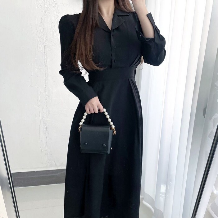 Seofst 2025 신상품 모던 칼라 원피스 벌룬 소매 슬림핏 A라인 스커트