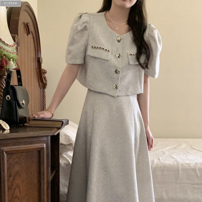 로즈버튼 트위드 자켓 스커트 세트 S,M 여름 하객 모임 A라인 퍼프 자수 TS380