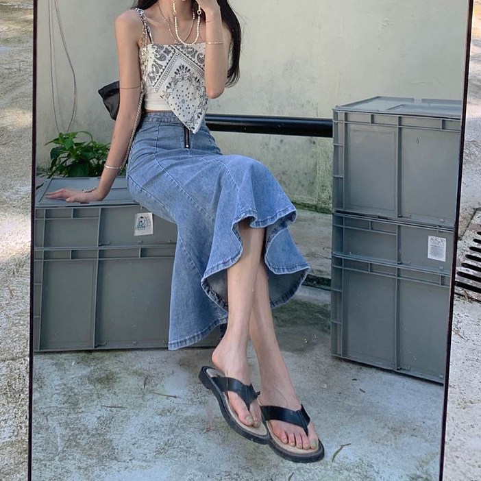 여성 봄 여름 데님 스커트 캐주얼 하이웨이스트 치마 패션 슬림핏 청치마 기질 a라인 머메이드 데님 스커트 CY