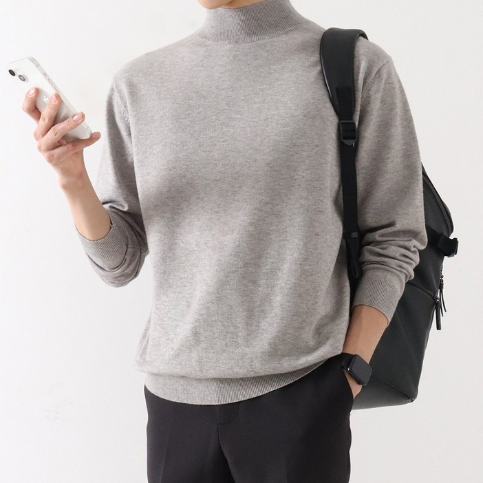 지지블랙 부드럽고 촉감이 좋은 리븐 스판 반폴라 니트 스웨터 오버핏 터들넥 ZZBKN046