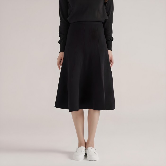 젬블링 A라인 플레어 밴딩 미디 롱 니트 스커트