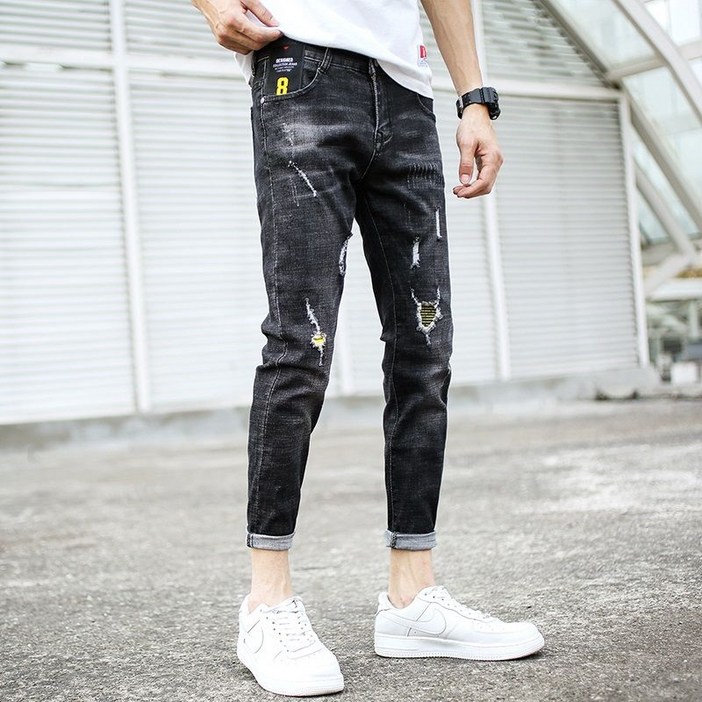 DFMEI 남성용 슬림핏 스트레치 진 9포인트 립