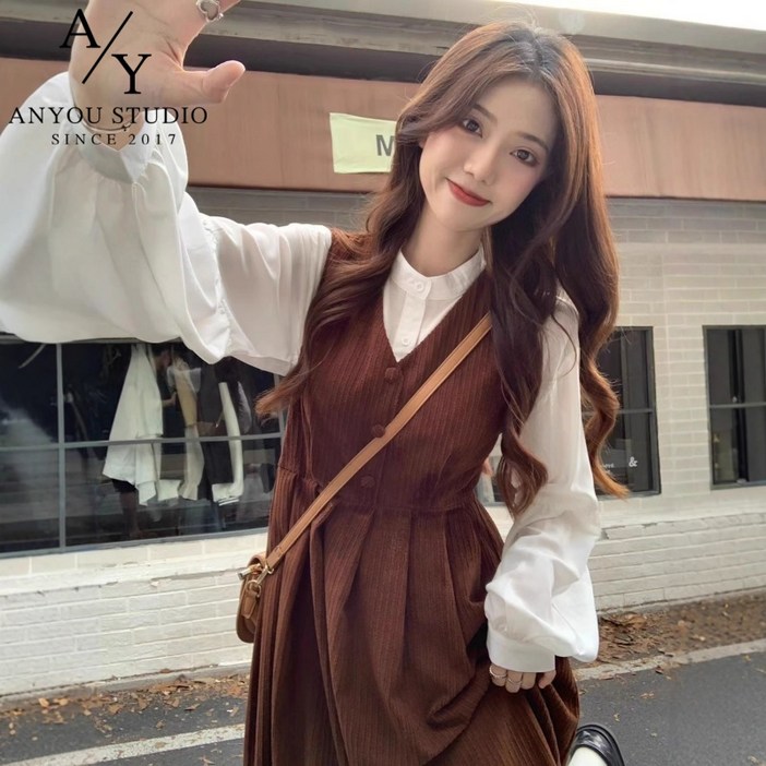 ANYOU 패션 롱 여성원피스 코듀로이 슬림핏  학원풍 데일리룩 셔츠원피스 여성용 휴양지원피스 브이넥 브라운컬러 롱원피스