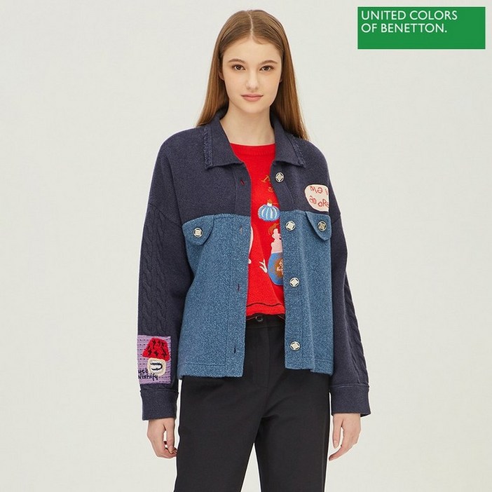 베네통 아울렛 케이블 소매 트러커 니트 가디건 BAKCB3361_NY 321839