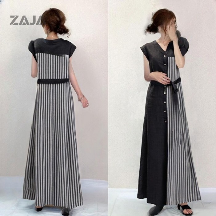 ZAJA 여성 롱 원피스 브이넥 반팔 허리끈 스트라이프 데일리 여름